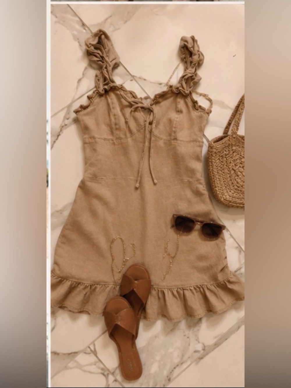 Beige Ruffled Tie-Front Summer Dress